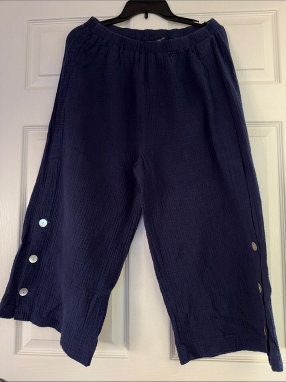 Zoofan Womens XL Navy Blue Wide Leg Button-Side Cotton Gauze Pants